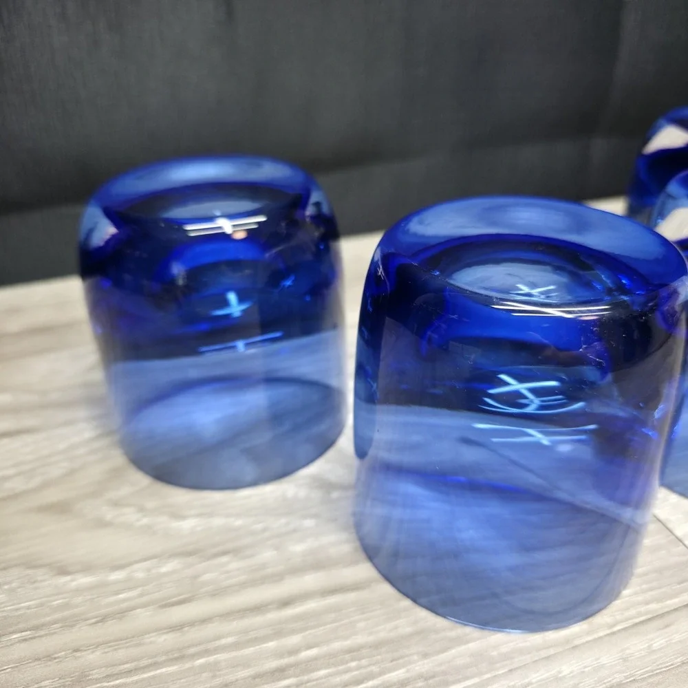 4 Vintage Block Cobalt Blue Glasses‎ - Rare Rounded Heavy Bottom - Stunning!!